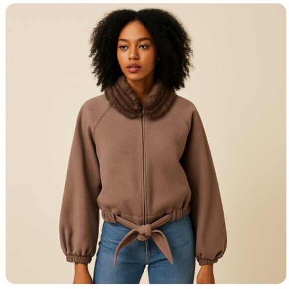 EBBERRO Vintage Taupe Wool Jacket Mink Collar Sequined Trim Satin Lined SZ 16 - Picture 1 of 8